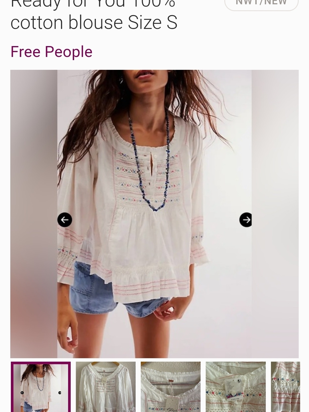 Free People Cream Cotton Embroidered Peasant Tunic. Medium.